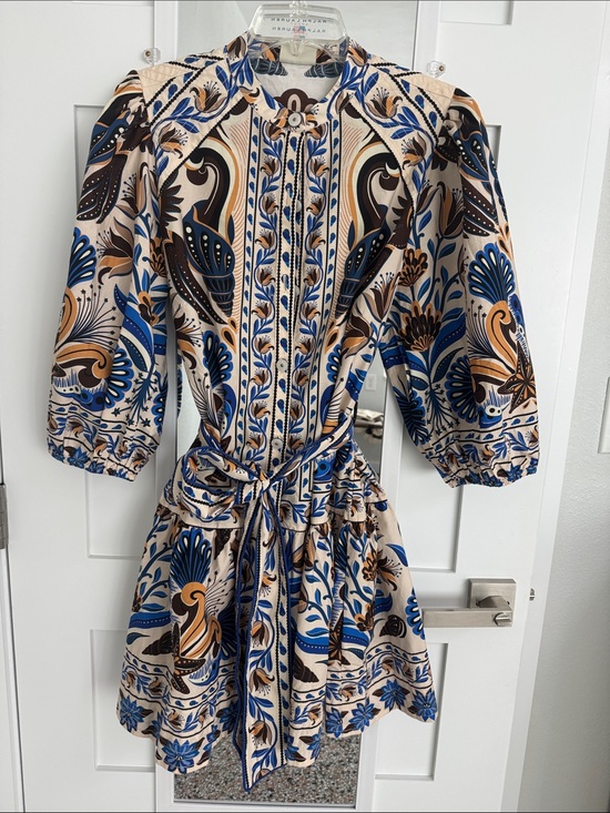FARM Rio Dresses & Skirts - Farm Rio Floral Print Belted Mini Dress - Blue & Tan